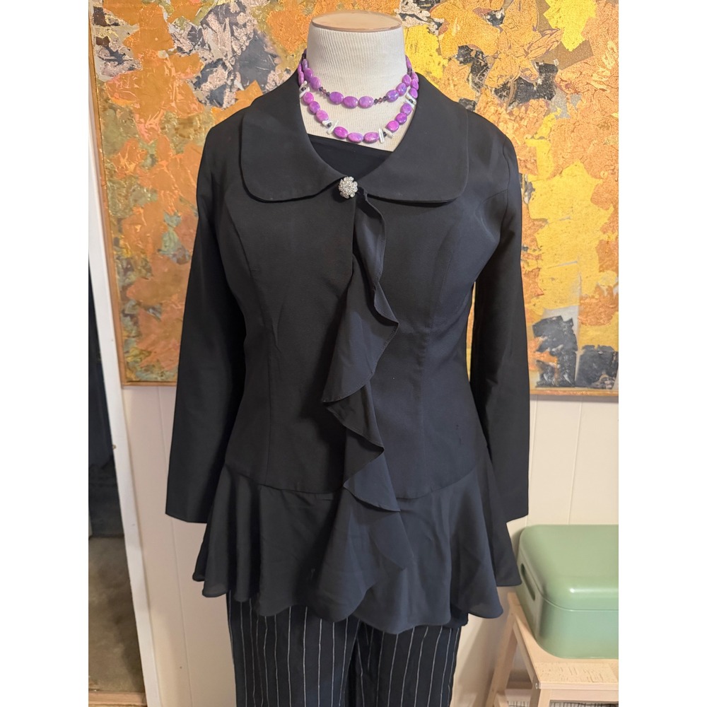 Lanting Bride Black Ruffle Peplum Evening Jacket Rhinestone Buttons Formal M